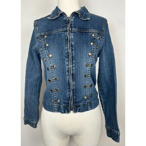 Vintage Y2K Stretch Jean Denim Grommet Zip Up XS/S Jacket Club Grunge Fairy